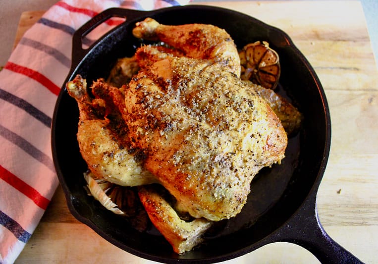 A crispy, whole roasted chicken.