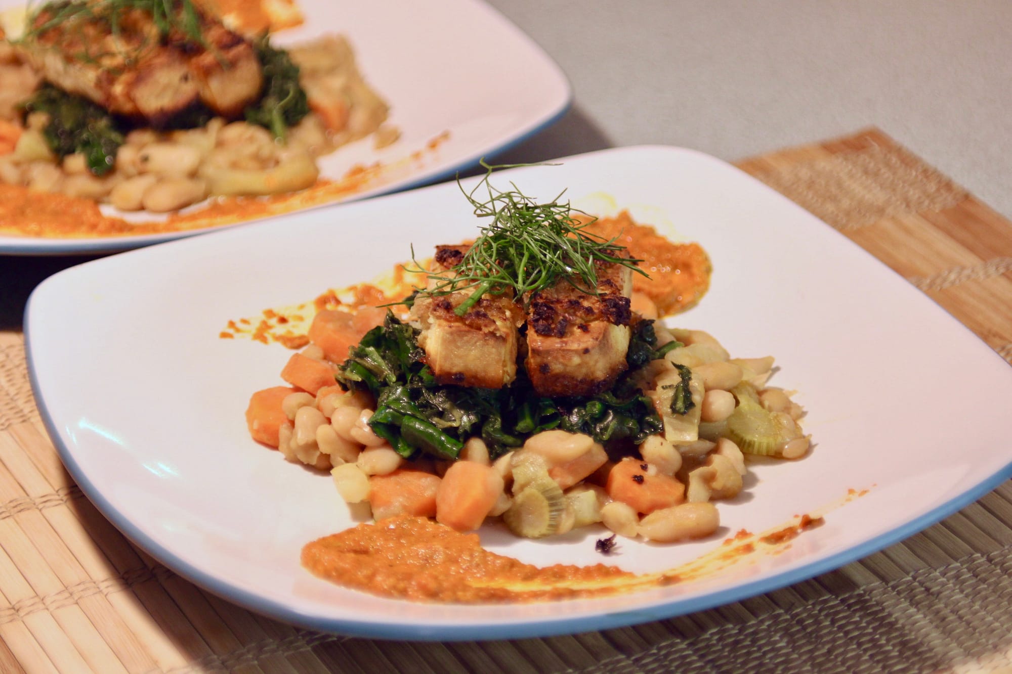 Roasted tofu with beans and kale