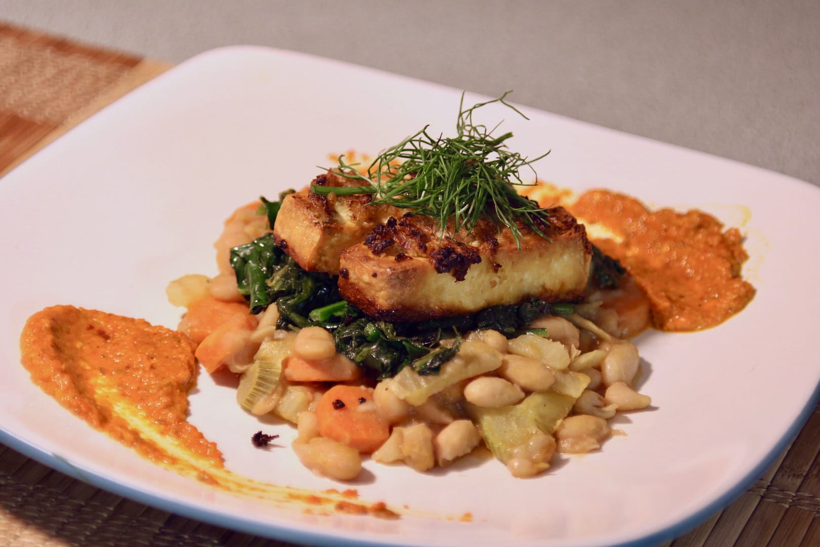 Roasted Tofu with white beans and kale