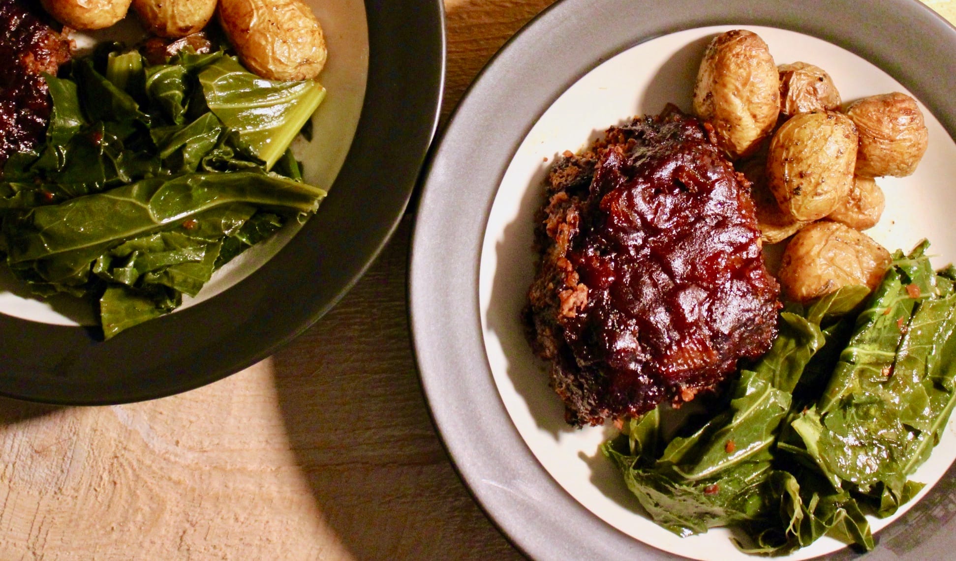 Tender vegan meatloaf with greens and roasted potatoes from Savor + Harvest (with Karl).