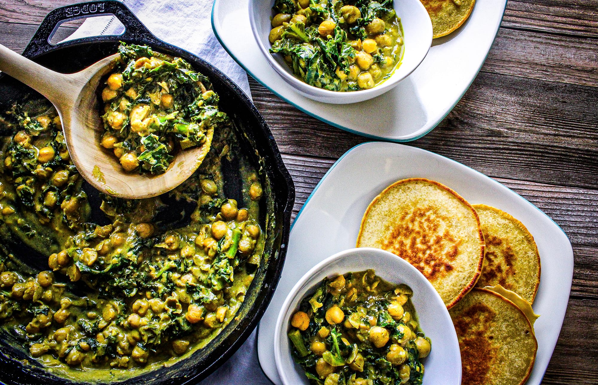 Quinoa pancakes with curried chickpeas.