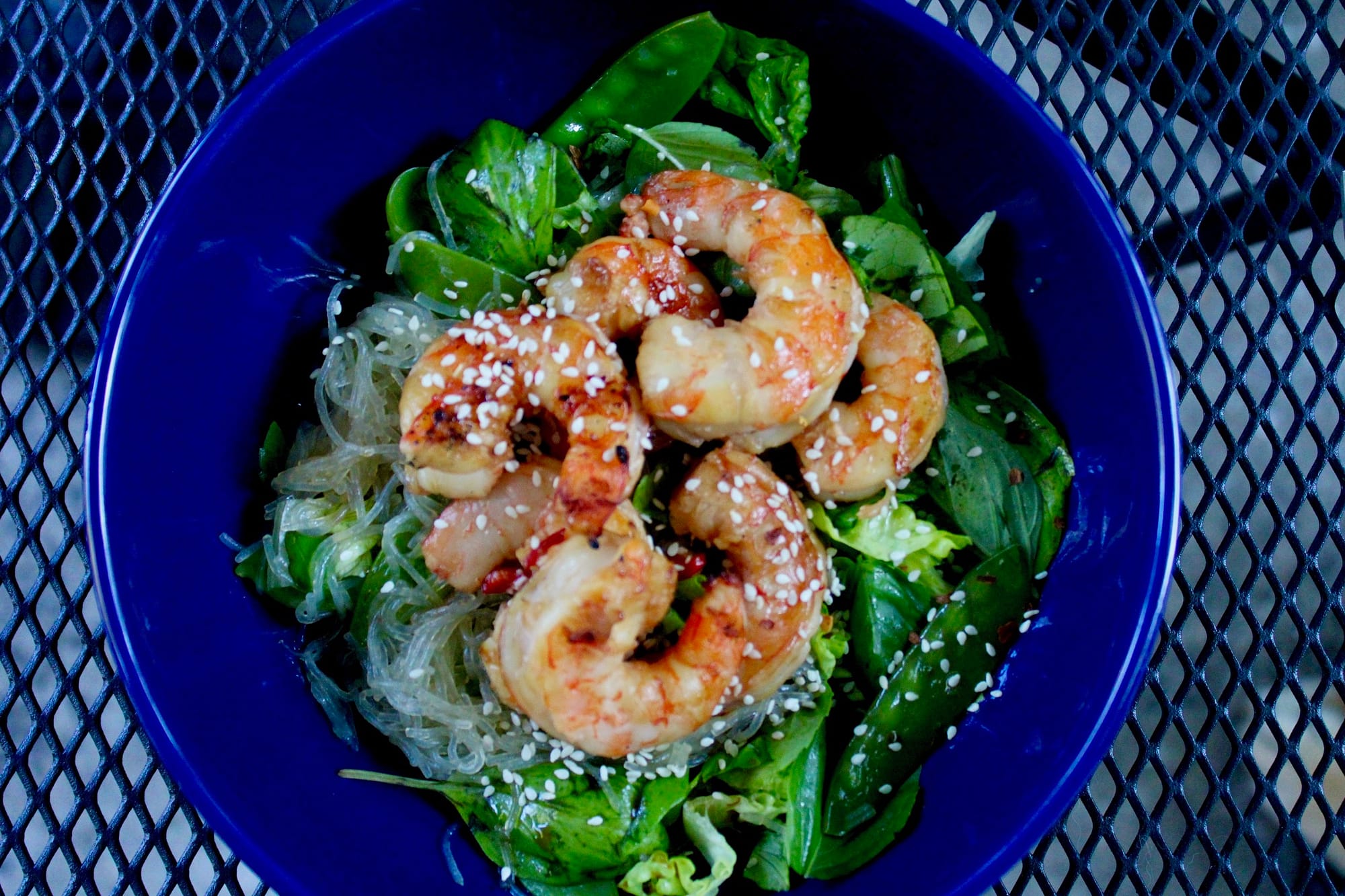 Spicy basil and grilled shrimp salad. 