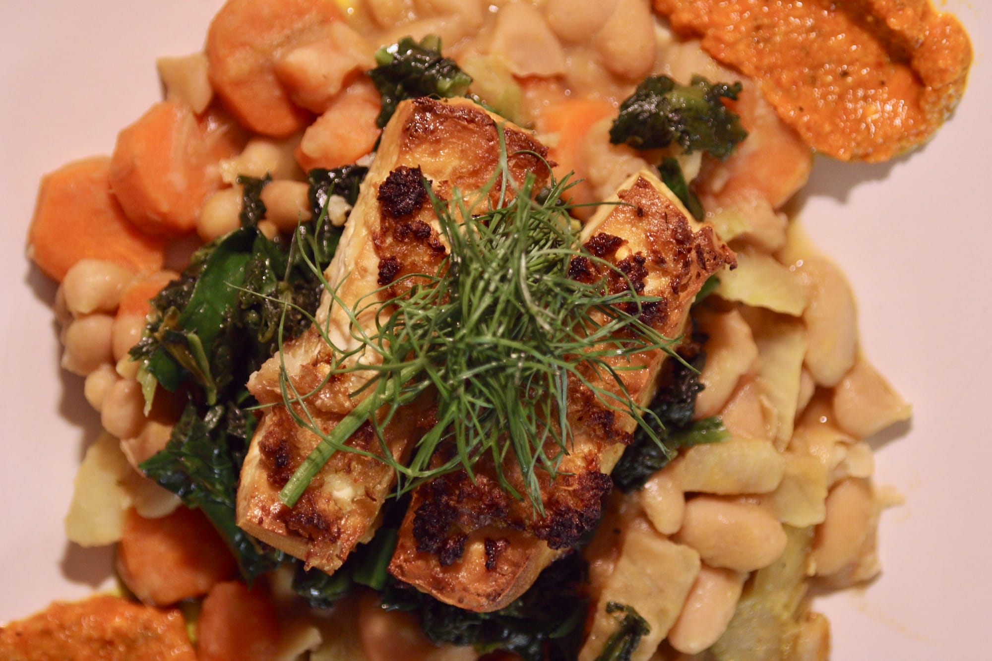 Roasted tofu with brothy beans and kale