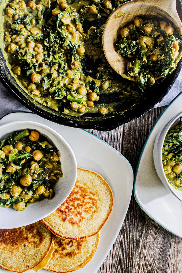 Quinoa pancakes with curried chickpeas. 
